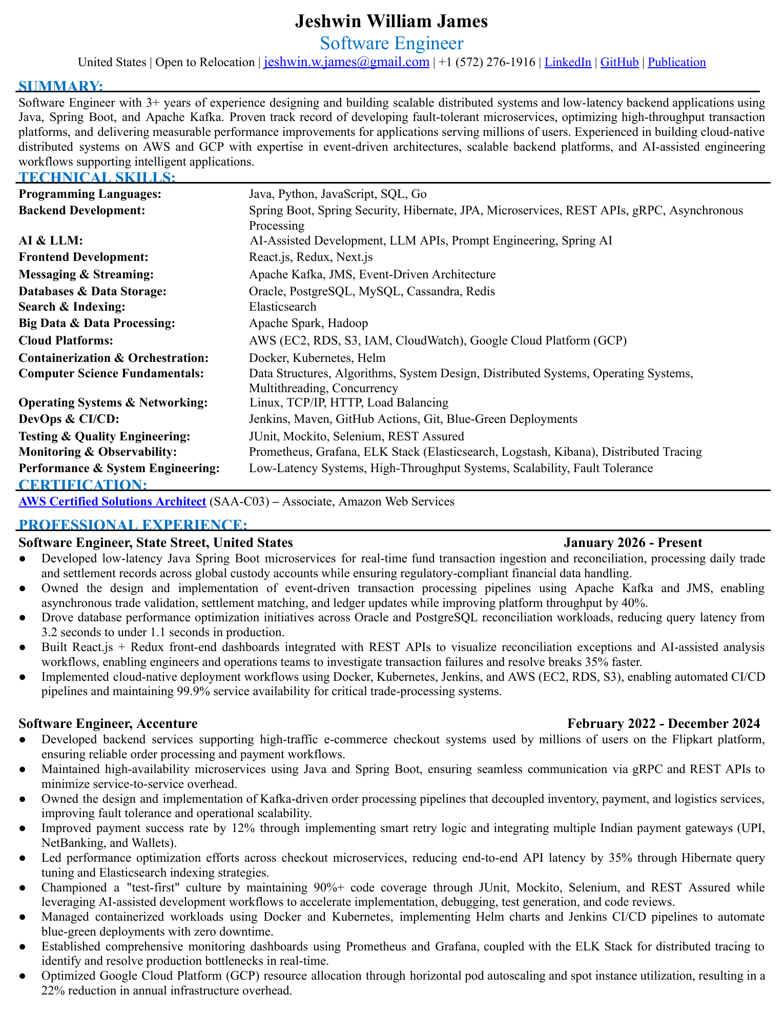 Resume page 1 for Jeshwin William James